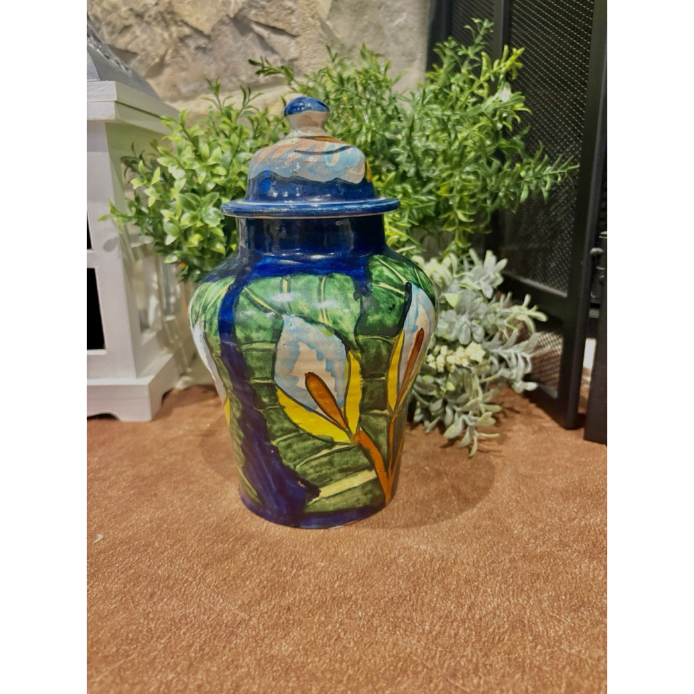 Mexican Pottery Folk Art Blue Calla Lili Motif Lidded Ginger Jar Signed M.Mora